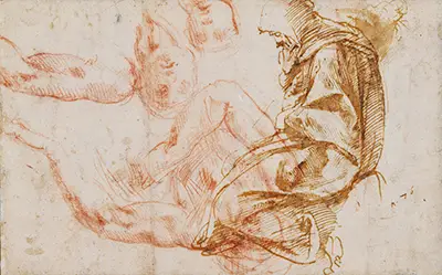 Studien einer liegenden männlichen Figur und einer sitzenden Kapuzenfigur Michelangelo